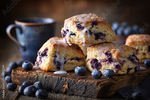 Stacked blueberry scones drizzled with icing, arranged on a rustic wooden board with fresh blueberries and a mug
