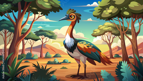 A dromornis bird stands among eucalyptus trees in the early Australian outback, motionless under harsh sun