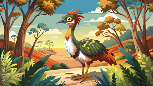 A dromornis bird stands among eucalyptus trees in the early Australian outback, motionless under harsh sun