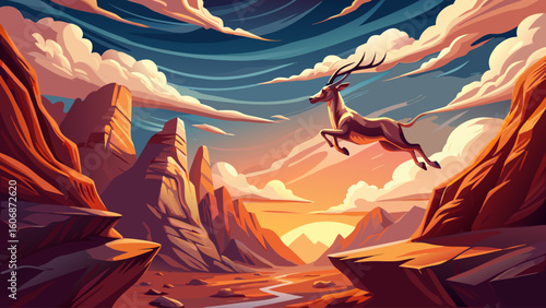 A prehistoric antelope leaps across a narrow canyon under dramatic lighting with clouds moving rapidly overhead.