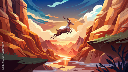 A prehistoric antelope leaps across a narrow canyon under dramatic lighting with clouds moving rapidly overhead.