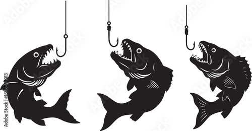 Three fish caught on fishing hooks silhouette