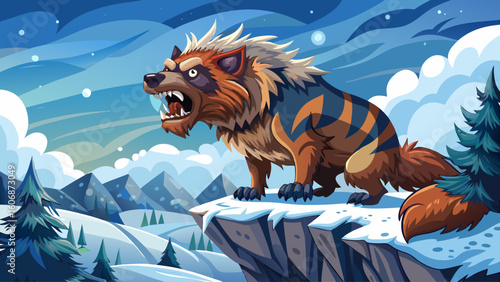 A woolly bear dog snarls across a snowy ledge in the far north, its breath steaming in the frigid air