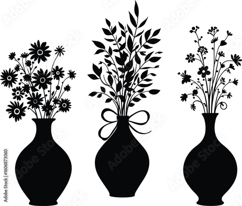 Three vases with floral arrangements in silhouette against a white background in a graphic style