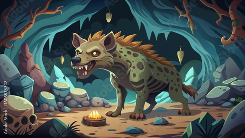 A cave hyena paces restlessly inside a dimly lit cave, growling near the scattered bones of old prey