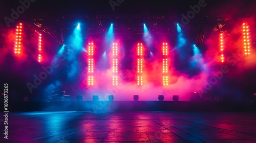 Vibrant and colorful main stage of music festival lit up at night with lights and smoke effects
