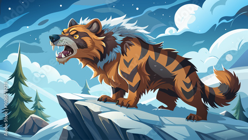 A woolly bear dog snarls across a snowy ledge in the far north, its breath steaming in the frigid air