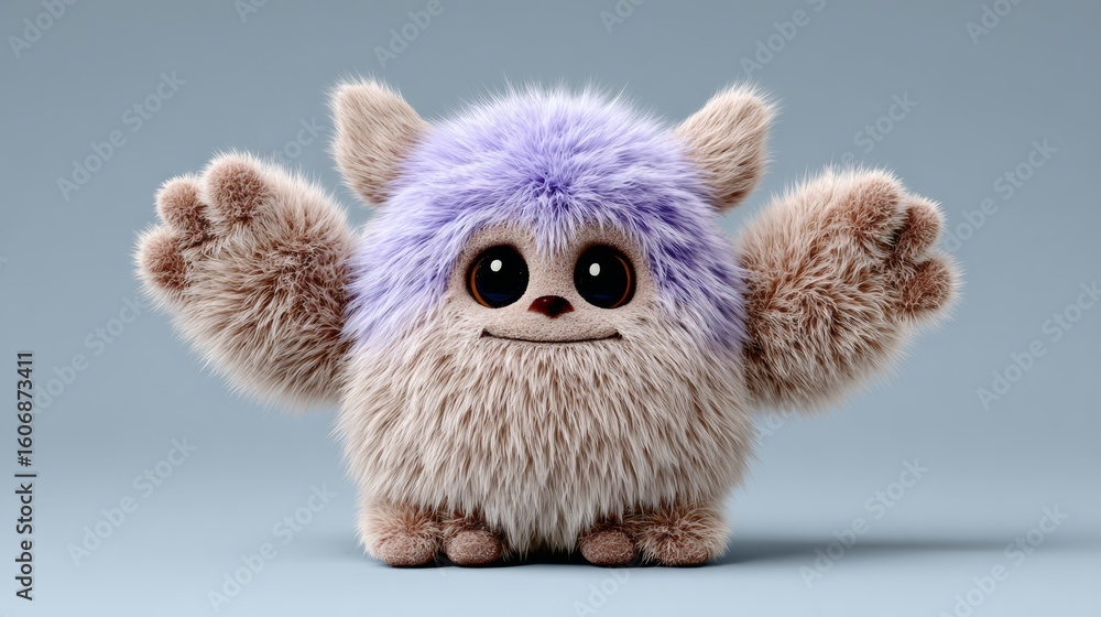 Fototapeta premium Fuzzy purple and brown stuffed animal with big eyes and a smile. It looks like a friendly monster
