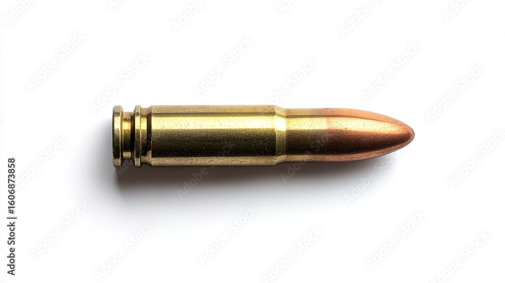 Fototapeta premium A single brass and copper rifle bullet cartridge isolated on a white background.