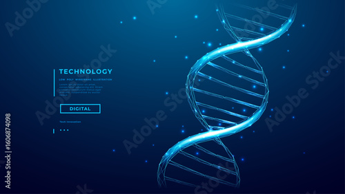 Abstract DNA double helix on technology blue background. Science, Medical, and AI technology concept. Biotechnology DNA molecule in low poly wireframe style. Futuristic Digital Vector Illustration.