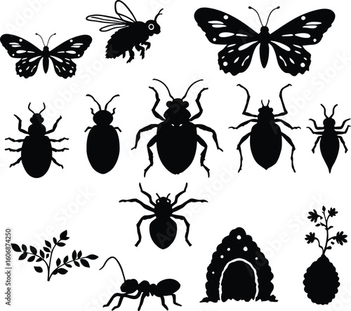 Silhouette illustration of various insects including butterflies beetles and an ant colony on white