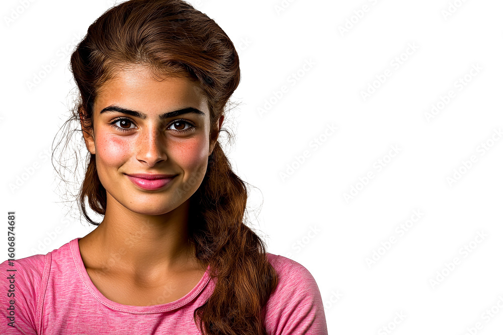 Smiling Hispanic/Latino woman wearing pink top, cut out transparent Smiling Hispanic/Latino woman wearing pink top, cut out transparent