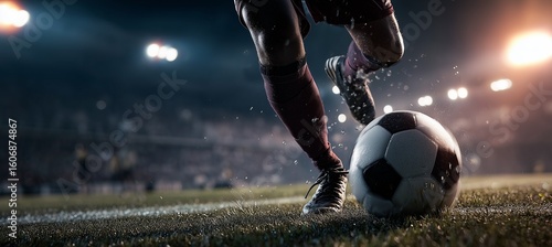 Close up of soccer player kicking football on stadium field, dynamic action shot, high resolution
