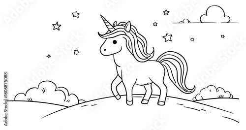 Cute unicorn illustration walking on a grassy hill under a starry sky with fluffy clouds, perfect for children's coloring books and creative projects, showcasing whimsical fantasy elements