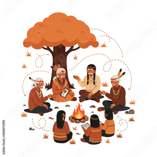 Native American elders share stories and knowledge around a campfire with younger generations, passing down traditions under an autumn tree.