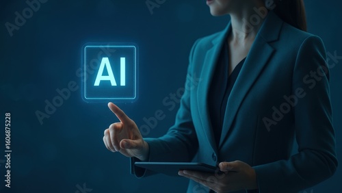 Woman in blazer holding tablet with glowing digital AI panel, in dark blue scene showing confidence, AI Results, and Search Interface interaction