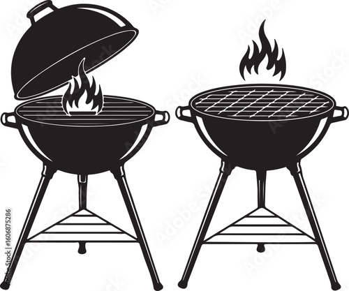Monochrome Image Showcasing Two Charcoal Grills with Flames Emphasizing Outdoor Cooking and Barbecue Themes in a Minimalist Aesthetic