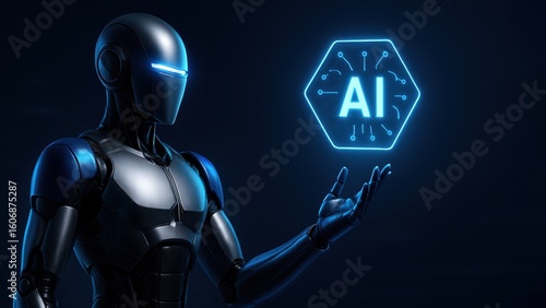 Futuristic robot with glowing visor points at AI icon in neon lit space, showing high tech AI Results and Search Interface in digital robot interaction scene