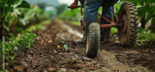 Wallpaper Mural Close-up of farmer using battery-powered sprayer on small plot, showing modern farming tools. Torontodigital.ca