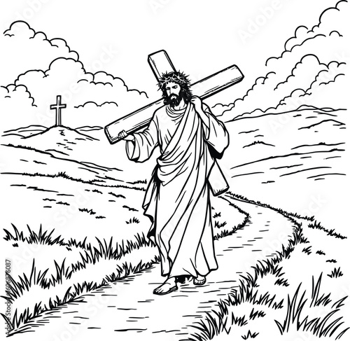 Jesus carrying the cross on a path with clouds and a cross on a hill in a black and white drawing