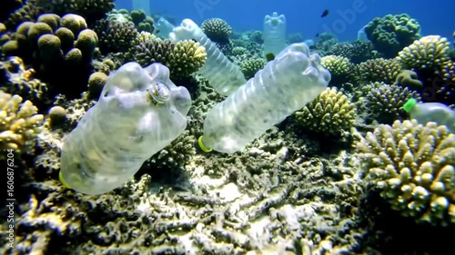 Floating plastic bottles pollute the ocean depths, highlighting underwater environmental damage.