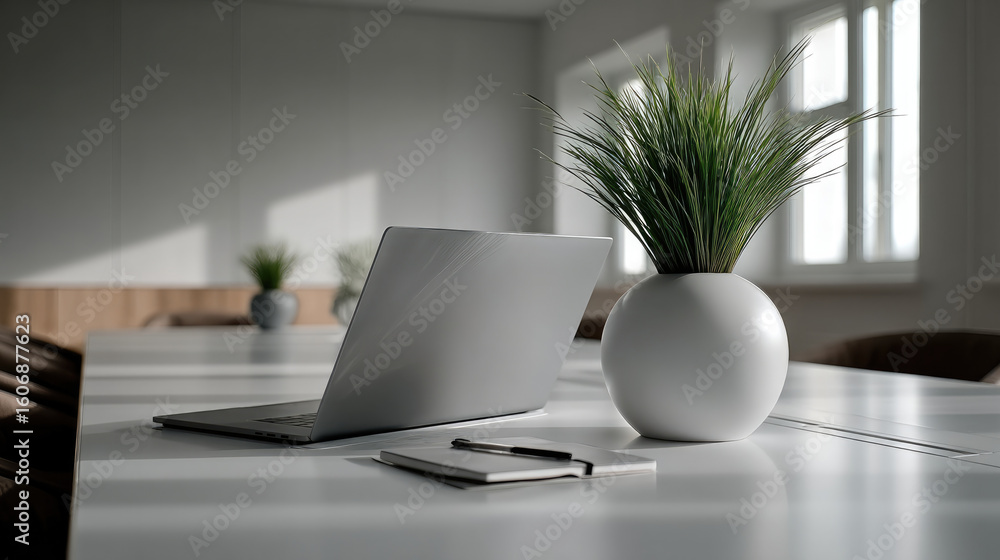 Fototapeta premium Laptop desk notebook pen potted plant sunlight modern office workspace minimal