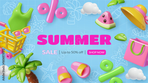 3d Summer season sale banner design with shopping cart, beach wear and percentage sign on blue background. Vector illustrations flat lay.