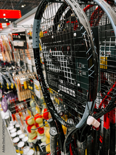 Selection of tennis racquets and sporting equipment in a retail store during the afternoon