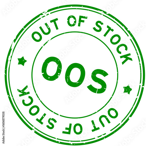 Grunge green OOS out of stock word round rubber seal stamp on white background