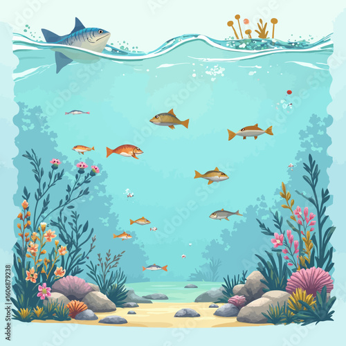 Underwater scene with diverse fish species and marine plants, a shark breaching the surface.