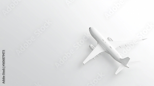 Abstract 3D vector illustration of a white airliner taking off against a white background