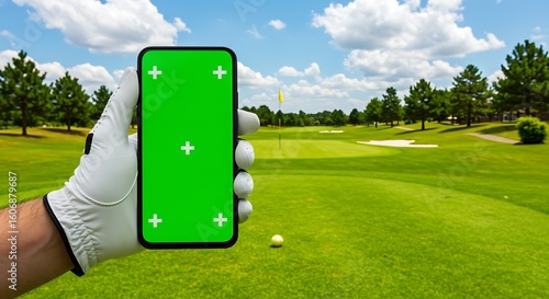 Golfer holds smartphone with green screen on a sunny golf course.