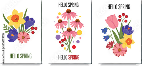 Set of spring modern backgrounds with minimalist geometric flowers.