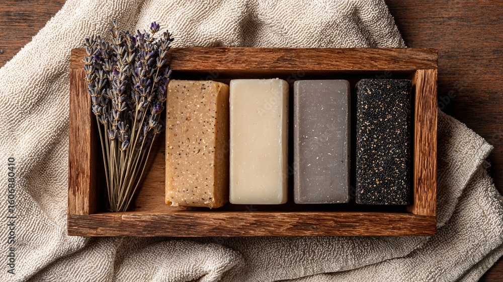 Fototapeta premium Top view of minimalist soap bars on a wooden tray with dried lavender and linen towel