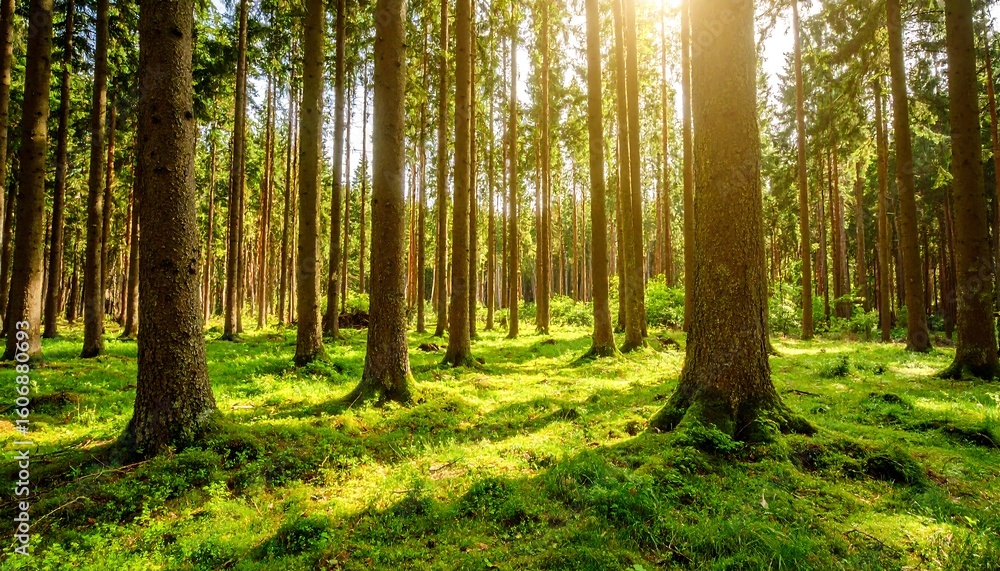 Obraz premium Sunlight streams through a dense forest (1)