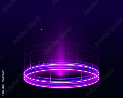 Magical purple portals with sparks and neon lighting. They create the teleportation effect in virtual space. Perfect for sci-fi design.	