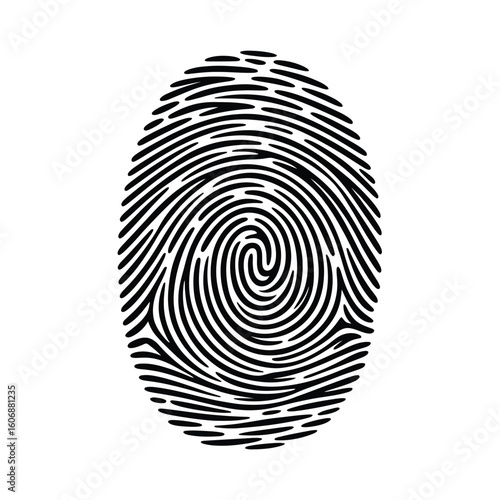 Close up of a black fingerprint with a spiral pattern on a white background