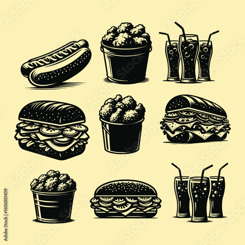 Classic Fast Food Icons Hot Dogs Burgers Fried Chicken amp Drinks