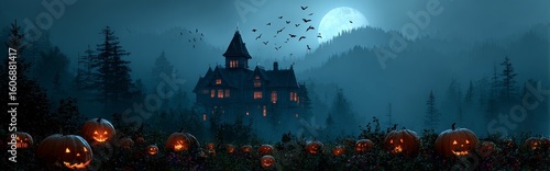 Halloween Festival wide web banner with Haunted House and Glowing Pumpkins, A spooky Halloween festival banner featuring a haunted house surrounded by glowing jack-o’-lanterns in a misty forest