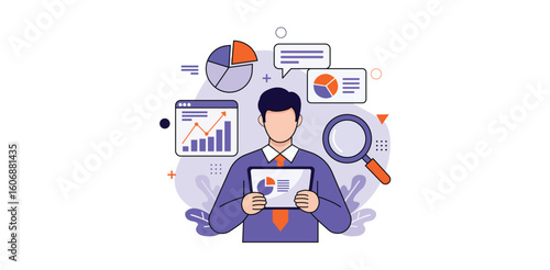 Businessman holding tablet with data charts and graphs vector illustration representing analytics report research dashboard performance review or financial planning
