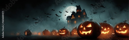 Halloween Festival wide web banner with Haunted House and Glowing Pumpkins, A spooky Halloween festival banner featuring a haunted house surrounded by glowing jack-o’-lanterns in a misty forest