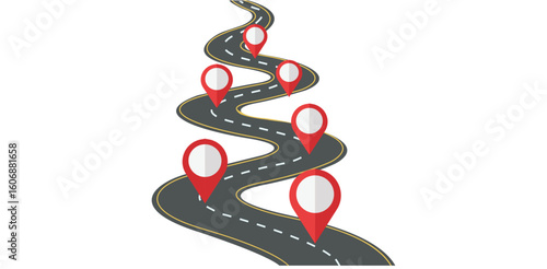 Curved road path with multiple red location pins vector representing journey direction travel map navigation destination planning or delivery route concept
