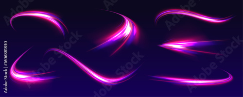 Neon line as speed or arc, turn, twist, bend in light effect. Light arc in neon colors, in the form of a turn and a zigzag. Abstract background in blue, yellow and orange neon colors.	
