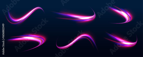 Lines in the shape of a comet against a dark background. Vortex streams of neon light. Abstract vector fire circles, sparkling swirls and energy light spiral frames.	