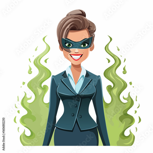 Businesswoman Superhero: A bold illustration of a female superhero in a smart suit, wearing a mask and exuding confidence, represents the spirit of female empowerment in the workplace.