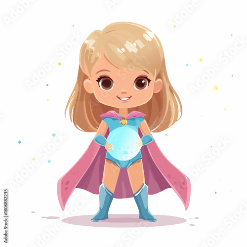 Child Superhero: A cute little girl stands ready in a vibrant superhero outfit. she exudes an aura of positivity and strength. The whimsical design captivates viewers, sparking feelings of wonder.