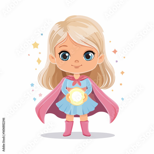 Young Superhero with Glowing Sphere: A charming illustration of a young girl, dressed as a superhero, holds a glowing orb.