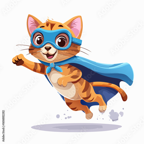 Superhero Cat in Flight: An illustrated superhero cat soars through the air with a cape and mask. This adorable feline character, exuding bravery and charm, is a symbol of courage and adventure.