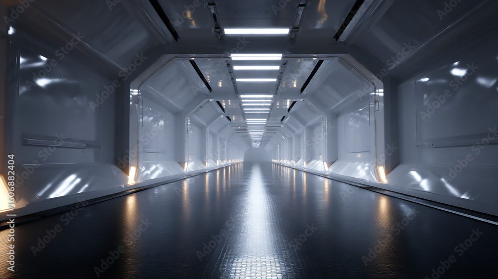 Fototapeta premium Futuristic Spaceship Corridor: Sci-Fi Interior Design, 3D Render, Modern Architecture, Spaceship Background