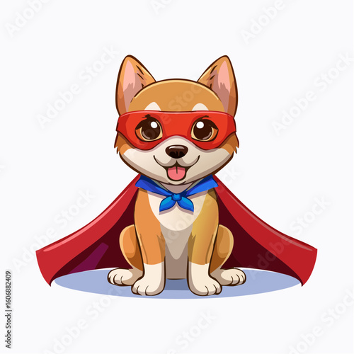 Cartoon of superhero dog with red cape and eye mask, sitting proudly